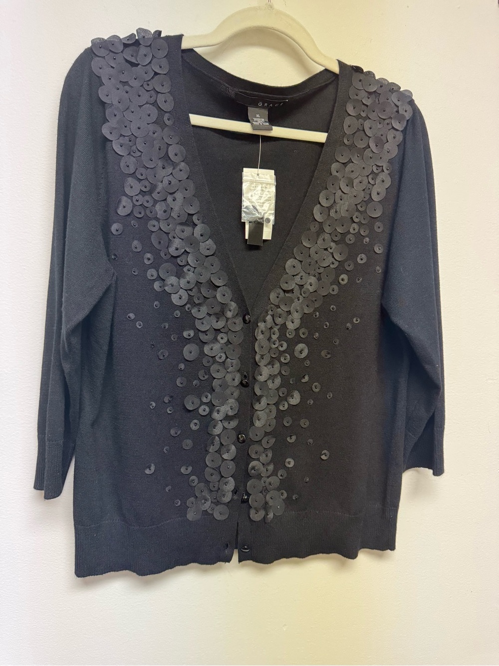 Grace Black Sequin Trim V-Neck Cardigan size XL holiday career
